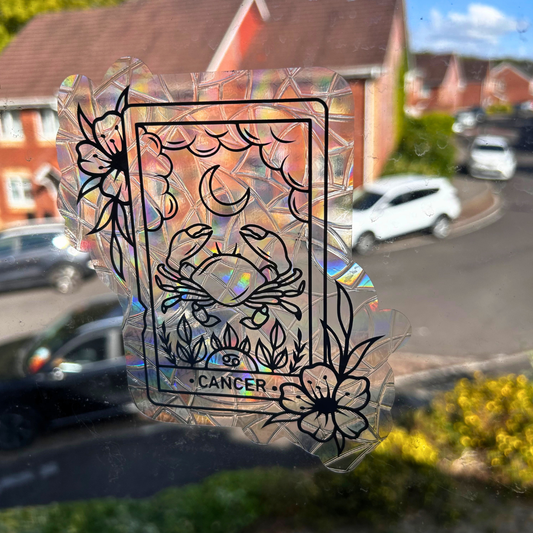 A holographic, crinkled plastic sticker with a black line-art ram illustration and the word 'aries' at the bottom, shown attached to a window with a blurred suburban background.