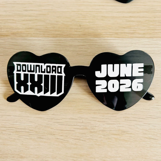 Heart-shaped sunglasses with 'Download XXIII' and 'JUNE 2026'