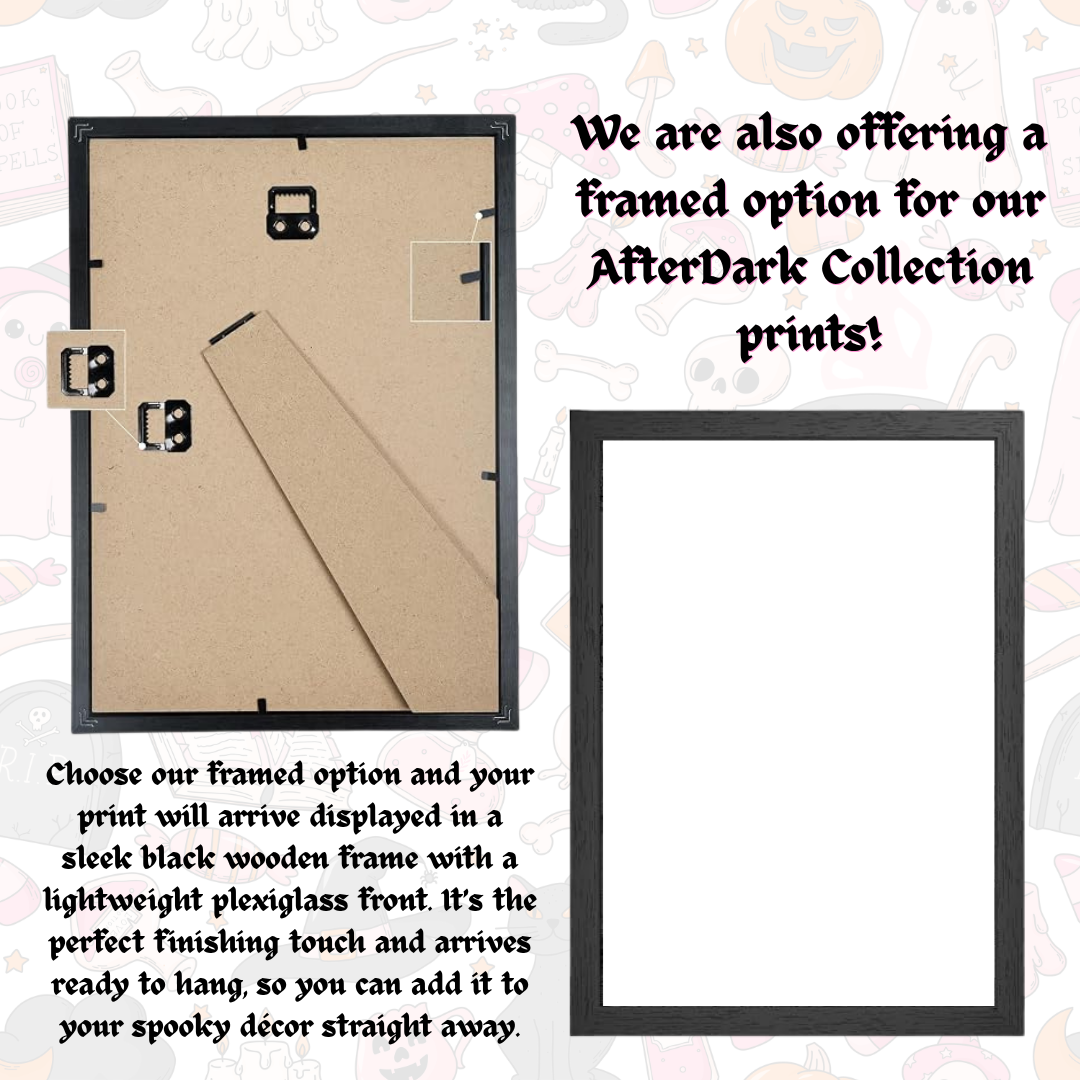 Promotional graphic showing a framed picture frame option for AfterDark Collection prints. The left side shows the back of a black wooden frame with mounting holes and a cardboard insert.