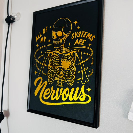 Framed artwork with a yellow skeleton design and text on a black background