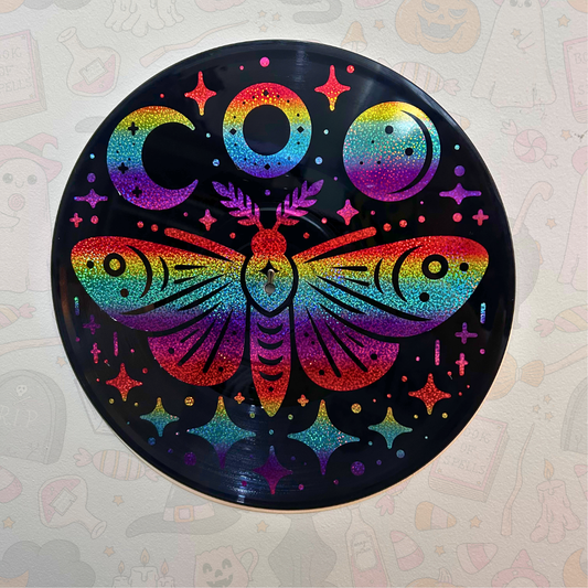 A circular black vinyl record cover featuring a colorful rainbow moth design  displayed against a light patterned background.